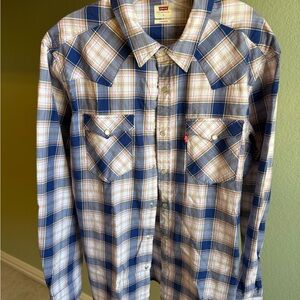 Levi’s Plaid Snap Button Shirt Western Cowboy Flannel Blue Size L